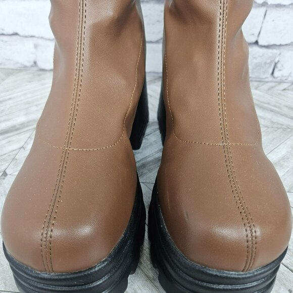 Chunky Platform Brown Faux Leather Boots Lug Sole Womens 9 Bratz Style 4" heel - Picture 8 of 16